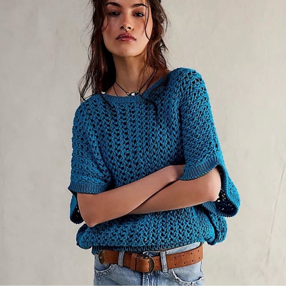We The Free Teal Open-Knit Short Sleeve Oversized Crew Sweater